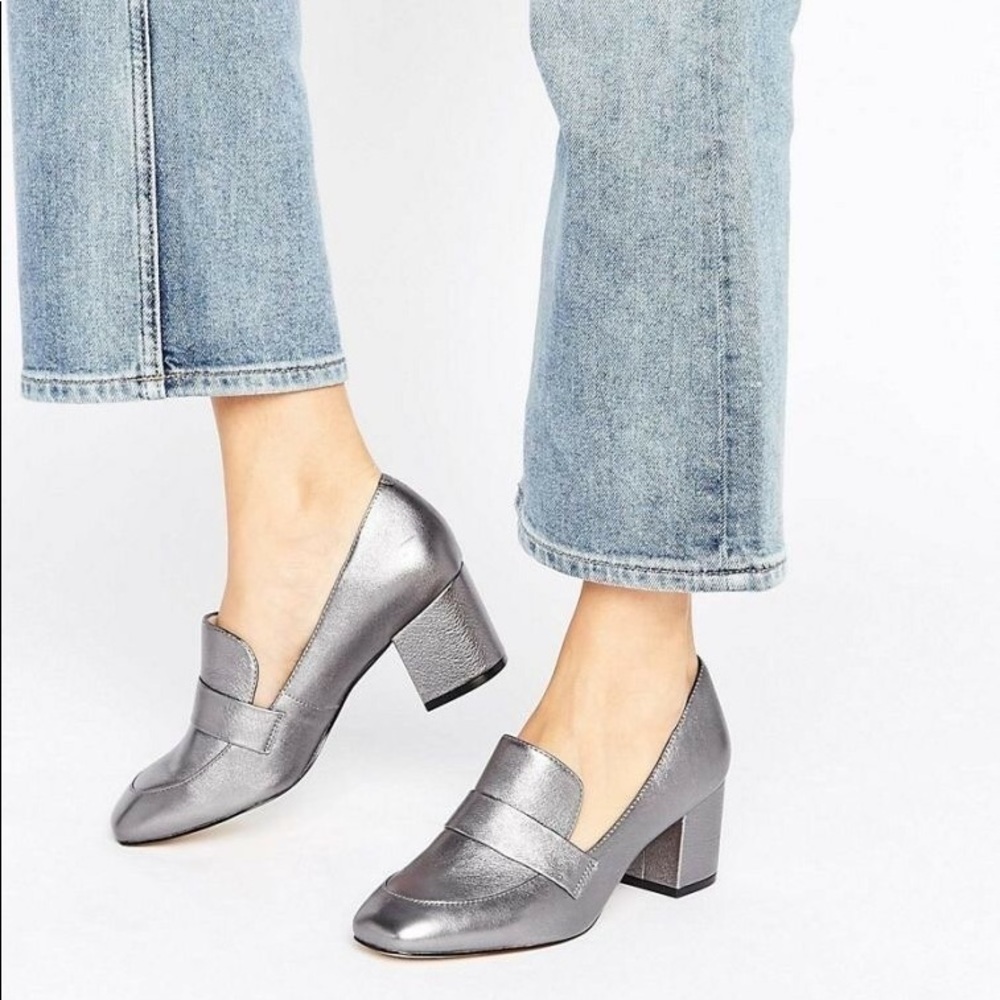 ALDO women’s silver leather block heeled loafers